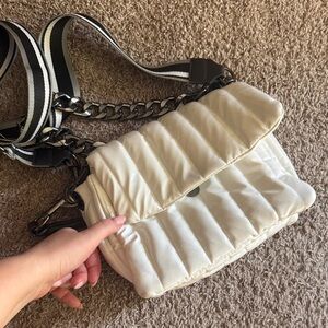 THINK ROYLN Quilted Puffer Crossbody Bag in White with Striped Strap